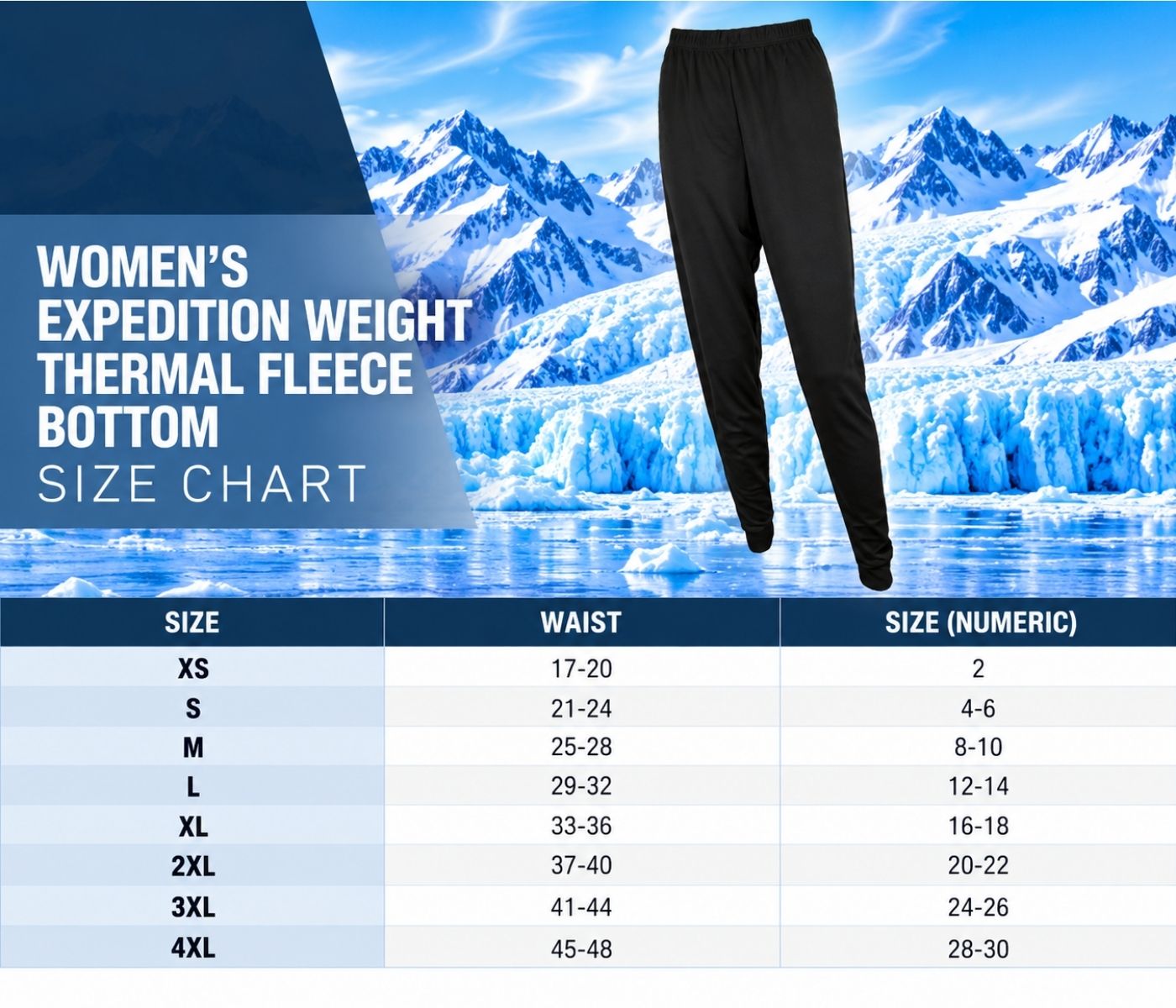 Expedition Weight Comfort Fleece Bottom Size Chart